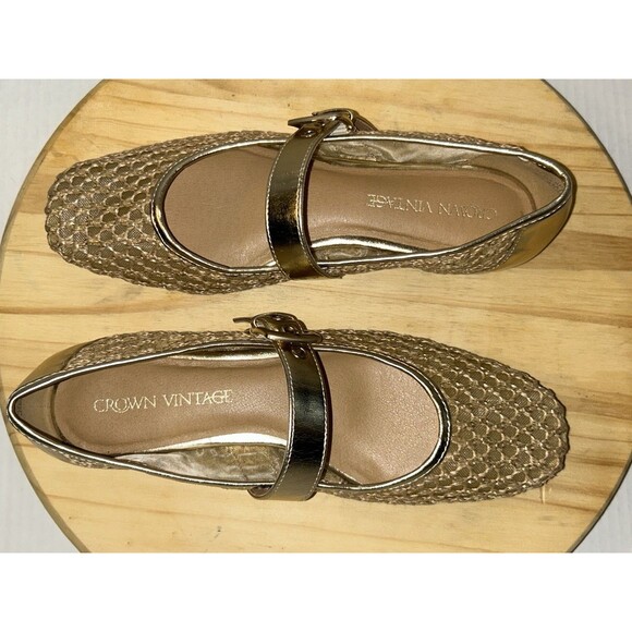 Crown Vintage Shoes Women 9M Metallic Gold Mary Jane Flats Mesh Breathable Strap - Picture 4 of 13